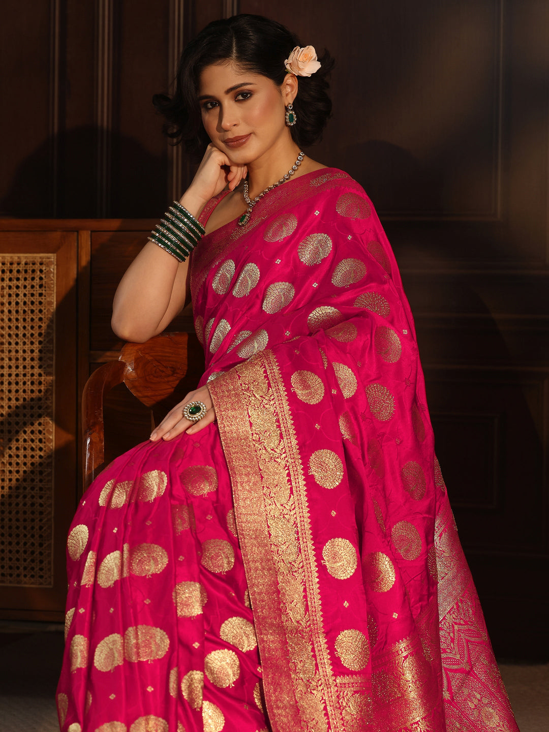 Libas Rani Pink Ethnic Woven Design Satin Saree with Stone Work