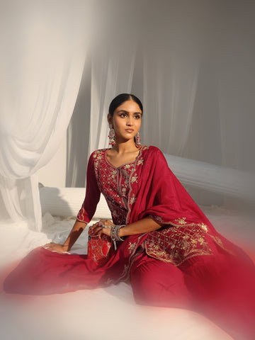 Libas Rani Pink Floral Embroidered Chanderi Cotton Sharara Suit Set