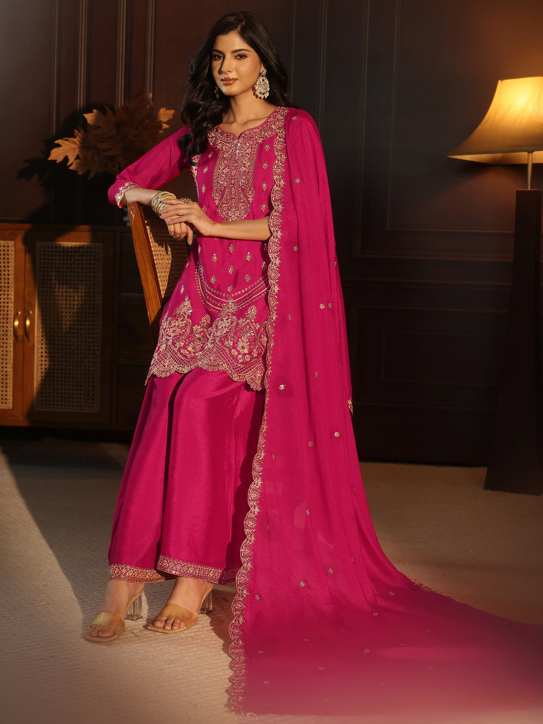  Libas Rani Pink Floral Embroidered Chinon Palazzo Suit Set 