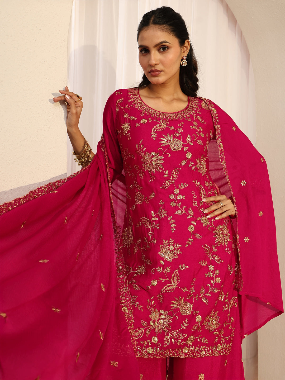  Libas Rani Pink Floral Embroidered Chinon Palazzo Suit Set 