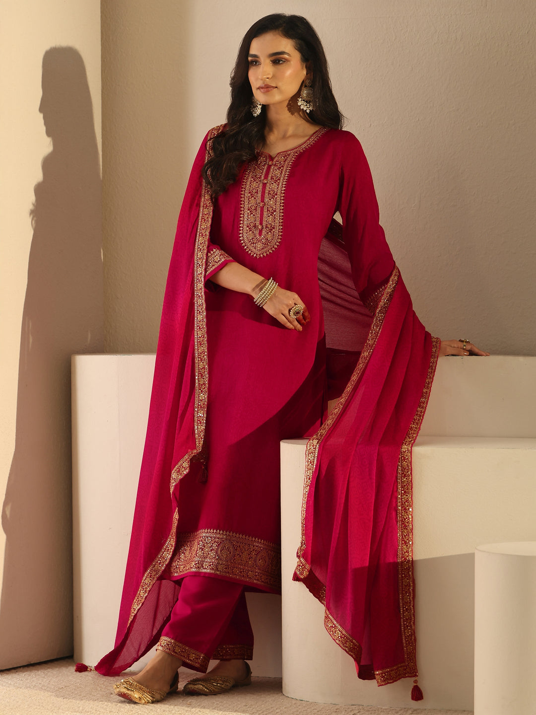 Libas Rani Pink Floral Embroidered Chinon Straight Suit Set
