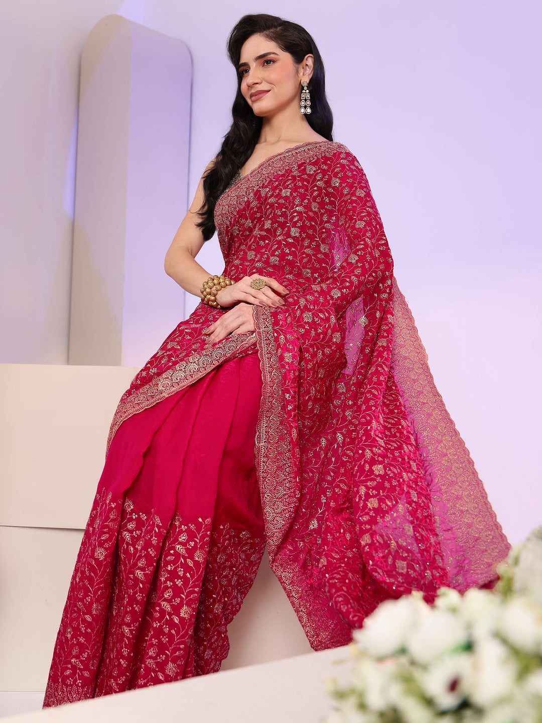  Libas Rani Pink Floral Embroidered Georgette Saree 