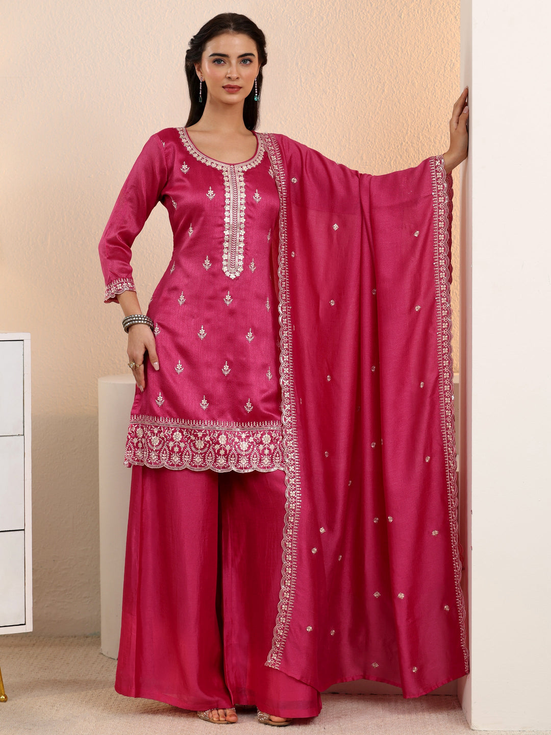 Libas Rani Pink Floral Embroidered Silk Blend Palazzo Suit Set