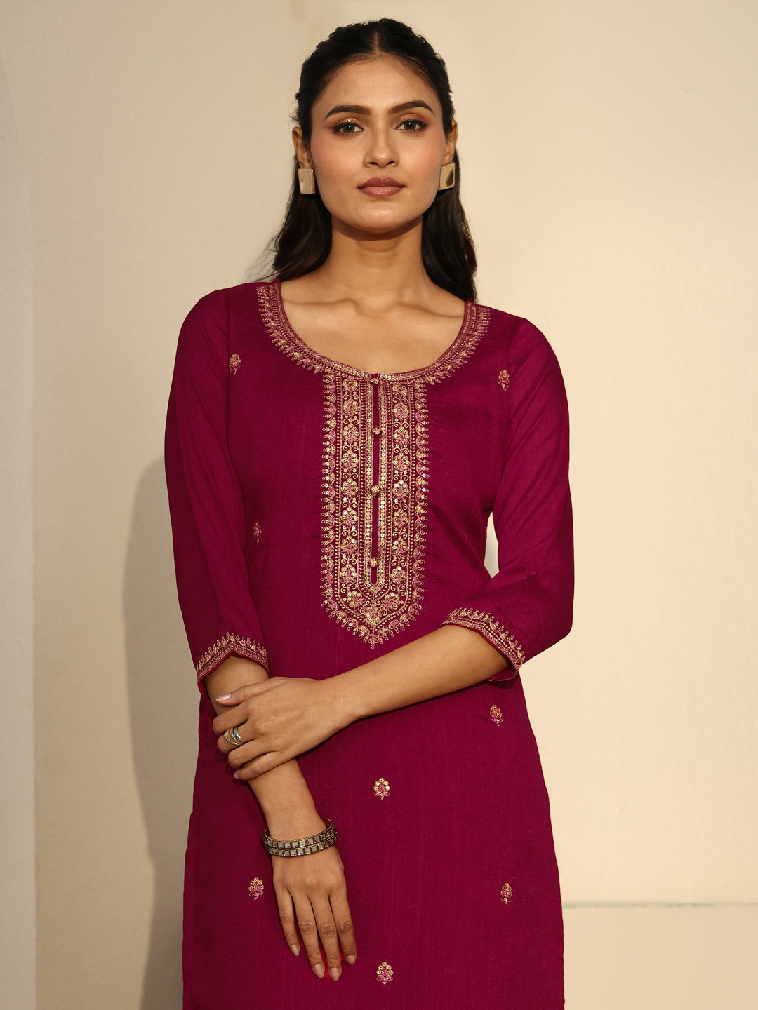 Libas Rani Pink Floral Embroidered Silk Blend Straight Kurta