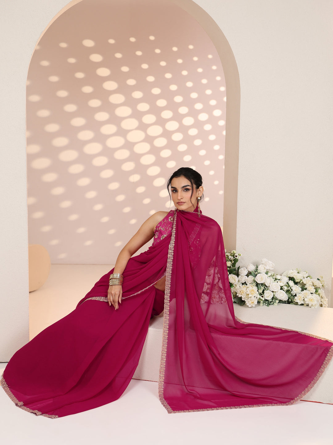  Libas Rani Pink Georgette Saree with Embroidered Border 