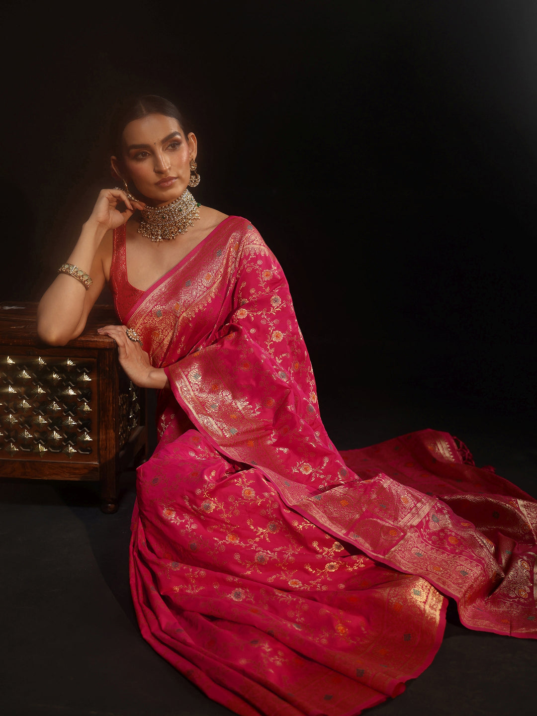  Libas Rani Pink Meenakari Banarasi Silk Blend Saree 