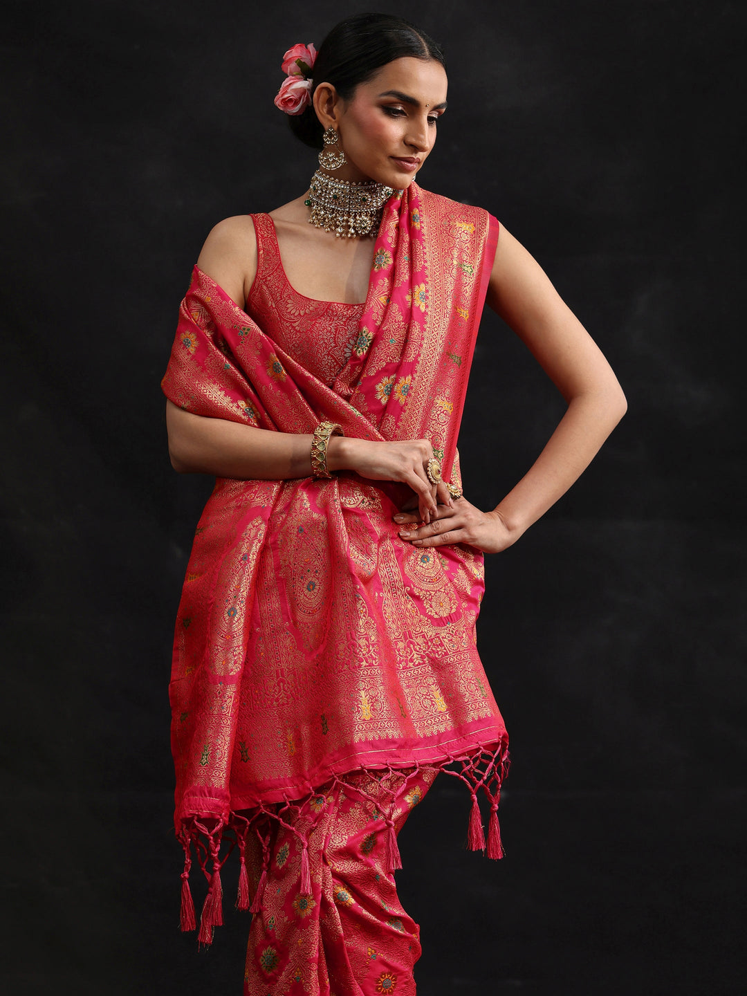  Libas Rani Pink Meenakari Banarasi Silk Blend Saree 