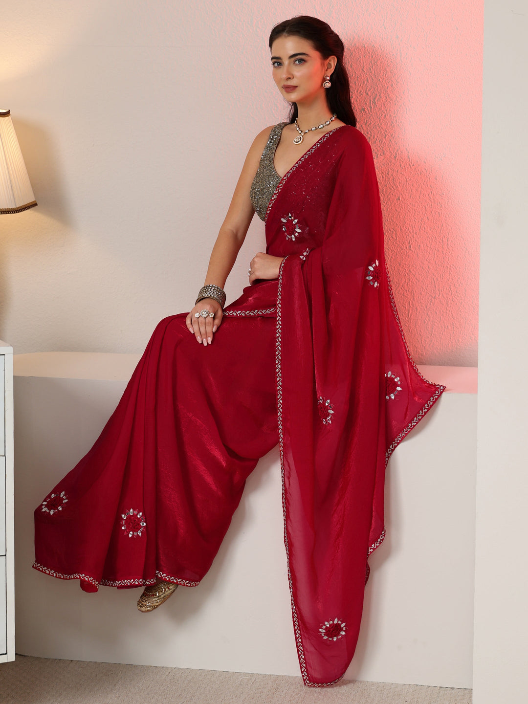  Libas Rani Pink Mirror Work Tissue Saree with Embellished Border 