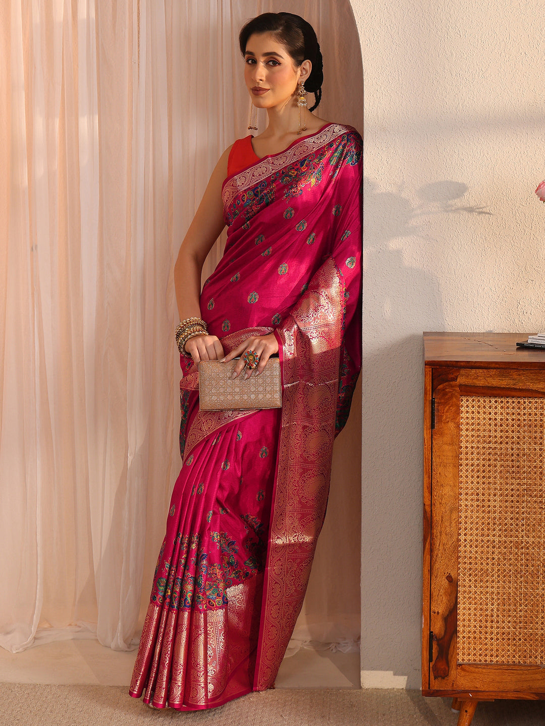  Libas Rani Pink Paisley Printed Silk Blend Saree with Woven Border 