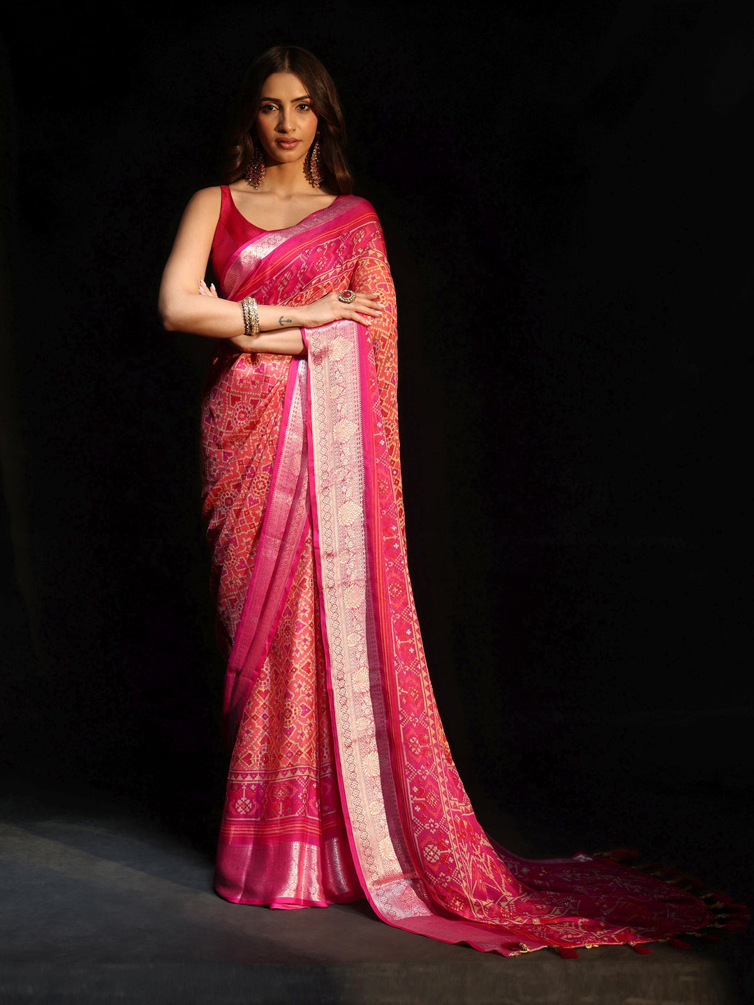  Libas Rani Pink Patola Printed Chiffon Saree 