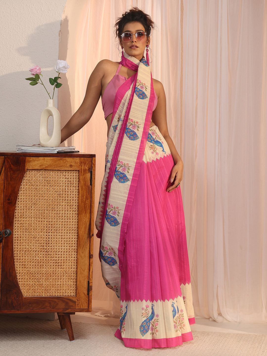  Libas Rani Pink Peacock Printed Border Silk Blend Saree 