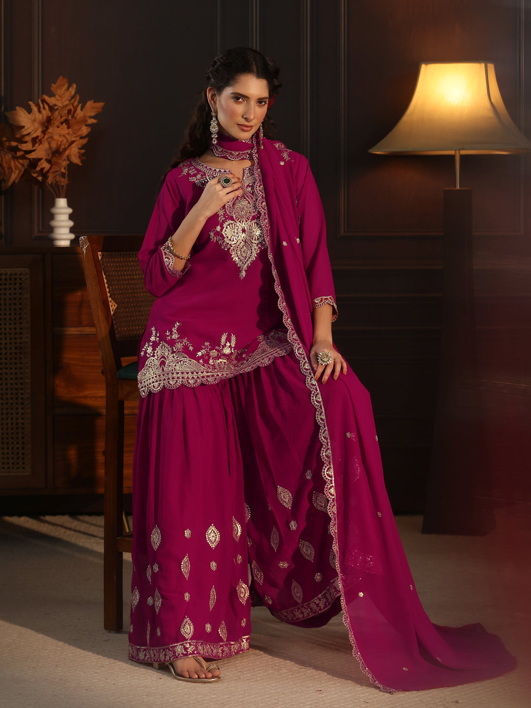  Libas Rani Pink Sequin Embellished Georgette Sharara Suit Set 