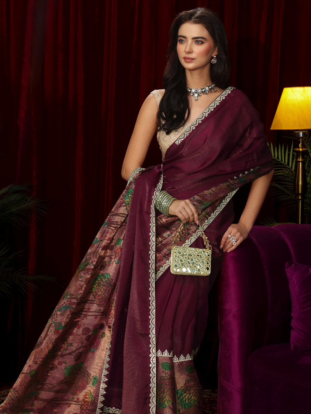  Libas Rani Pink Stone Work Embellished Tissue Saree 