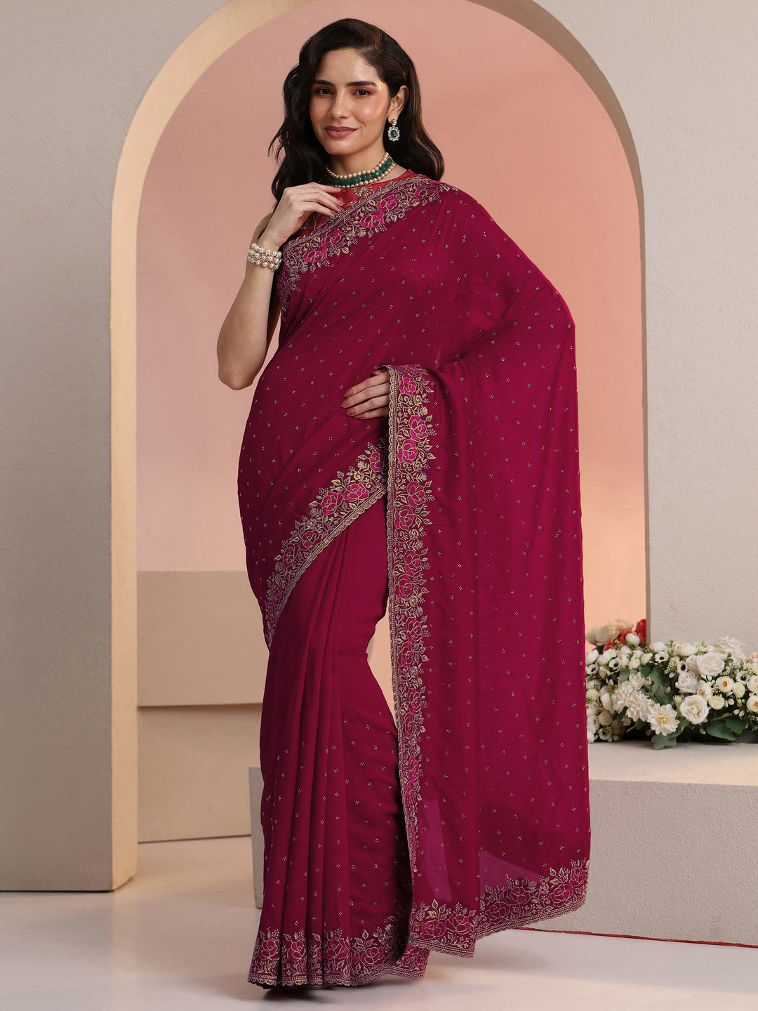  Libas Rani Pink Stone Work Embelllished Silk Blend Saree 