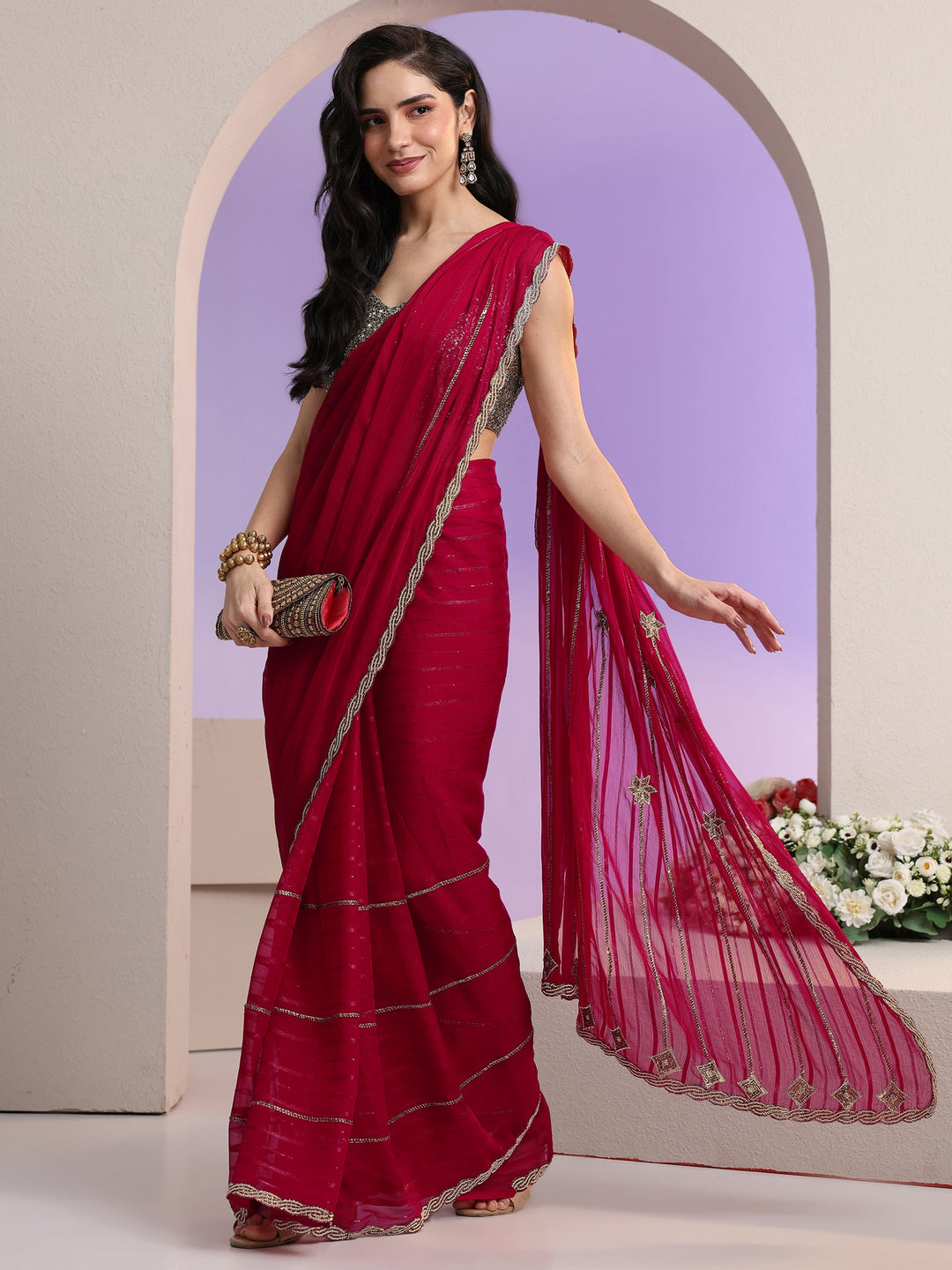  Libas Rani Pink Striped Embellished Chiffon Saree 