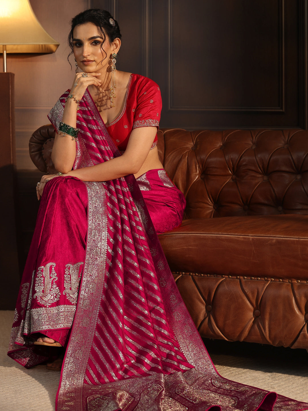 Libas Rani Pink Striped Silk Blend Saree with Embellished Pallu