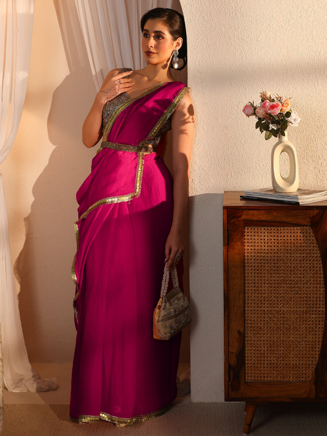  Libas Rani Pink Tissue Saree with Embellished Border 