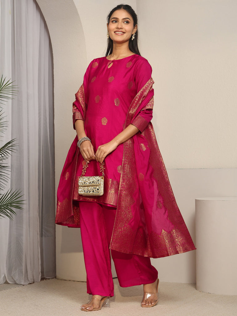 Libas Rani Pink Woven Chanderi Silk Palazzo Suit Set