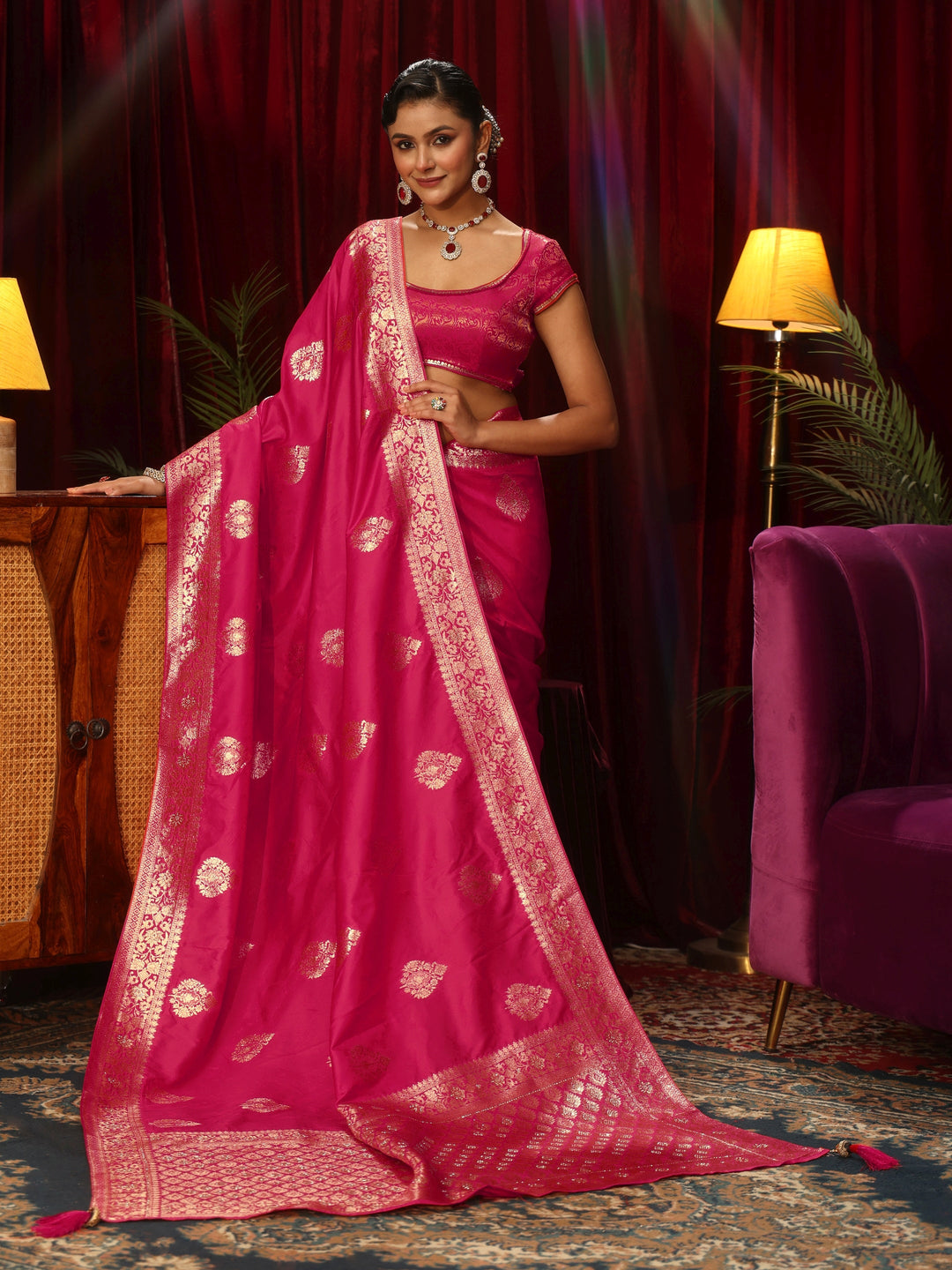 Libas Rani Pink Woven Design Embellished Silk Blend Saree