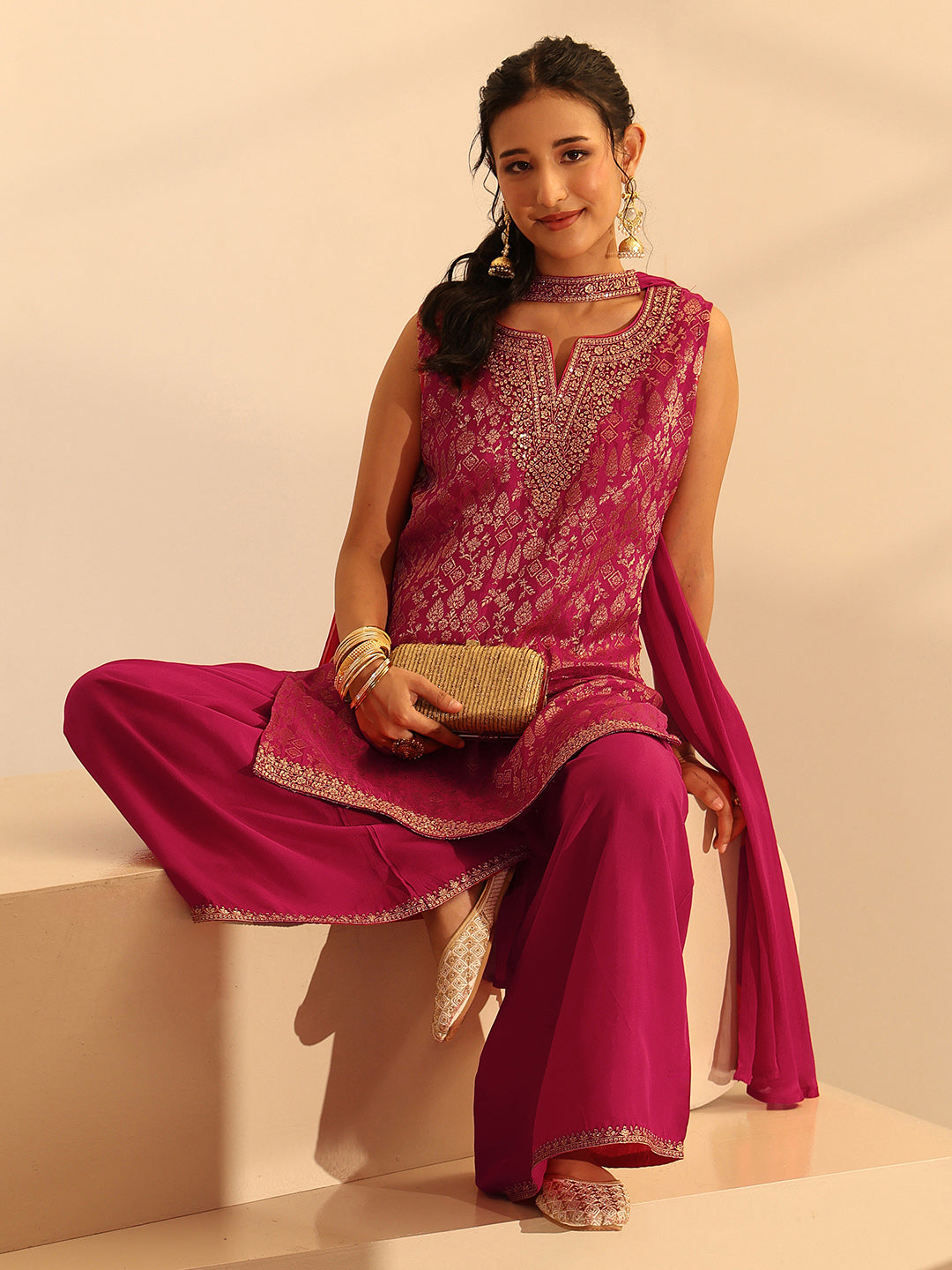 Libas Rani Pink Woven Design Silk Blend Palazzo Suit Set-picture-38