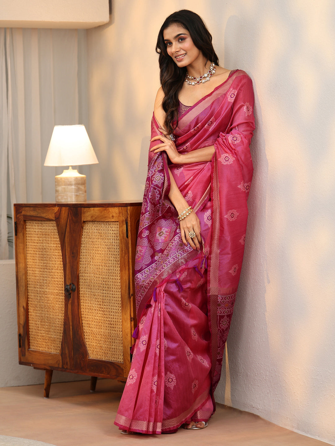  Libas Rani Pink Woven Design Silk Blend Saree 