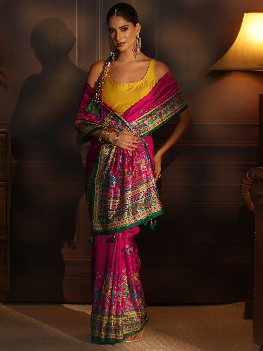 Libas Rani Pink and Green Ethnic Printed Silk Blend Saree