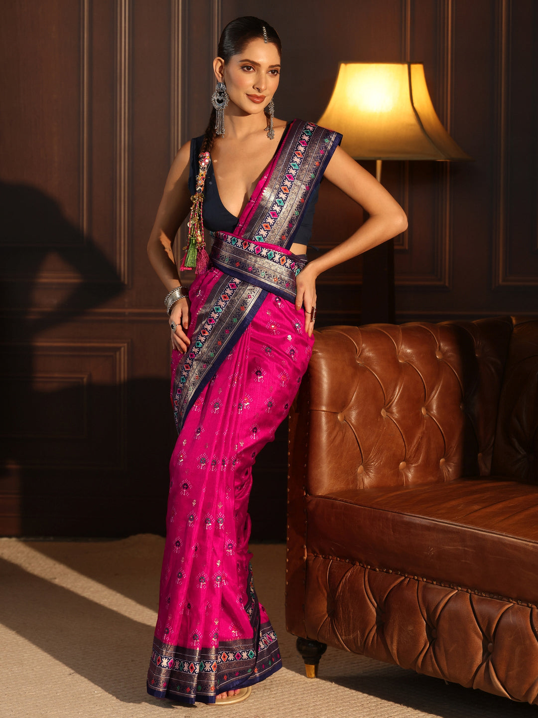 Libas Rani Pink and Navy Blue Ethnic Printed Silk Blend Saree