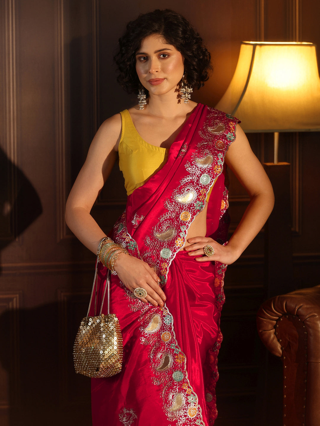 Libas Raspberry Pink Embroidered Satin Saree with Paisley Border