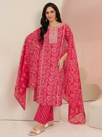 Libas Raspberry Red Floral Printed Cotton Straight Suit Set
