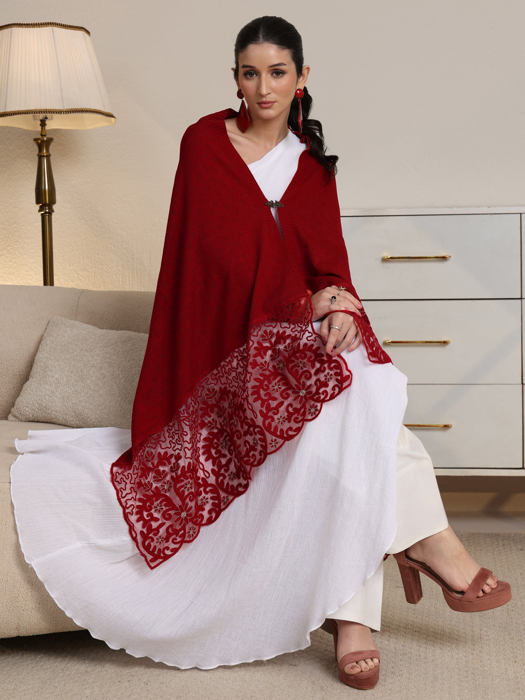  Libas Red  Knitted Lace Acrylic Wrap Shawl 