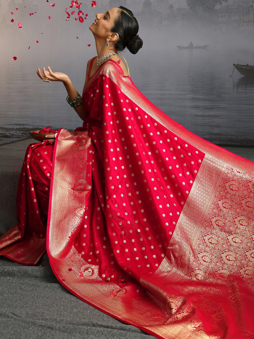  Libas Red Banarasi Satin Tassel Saree 