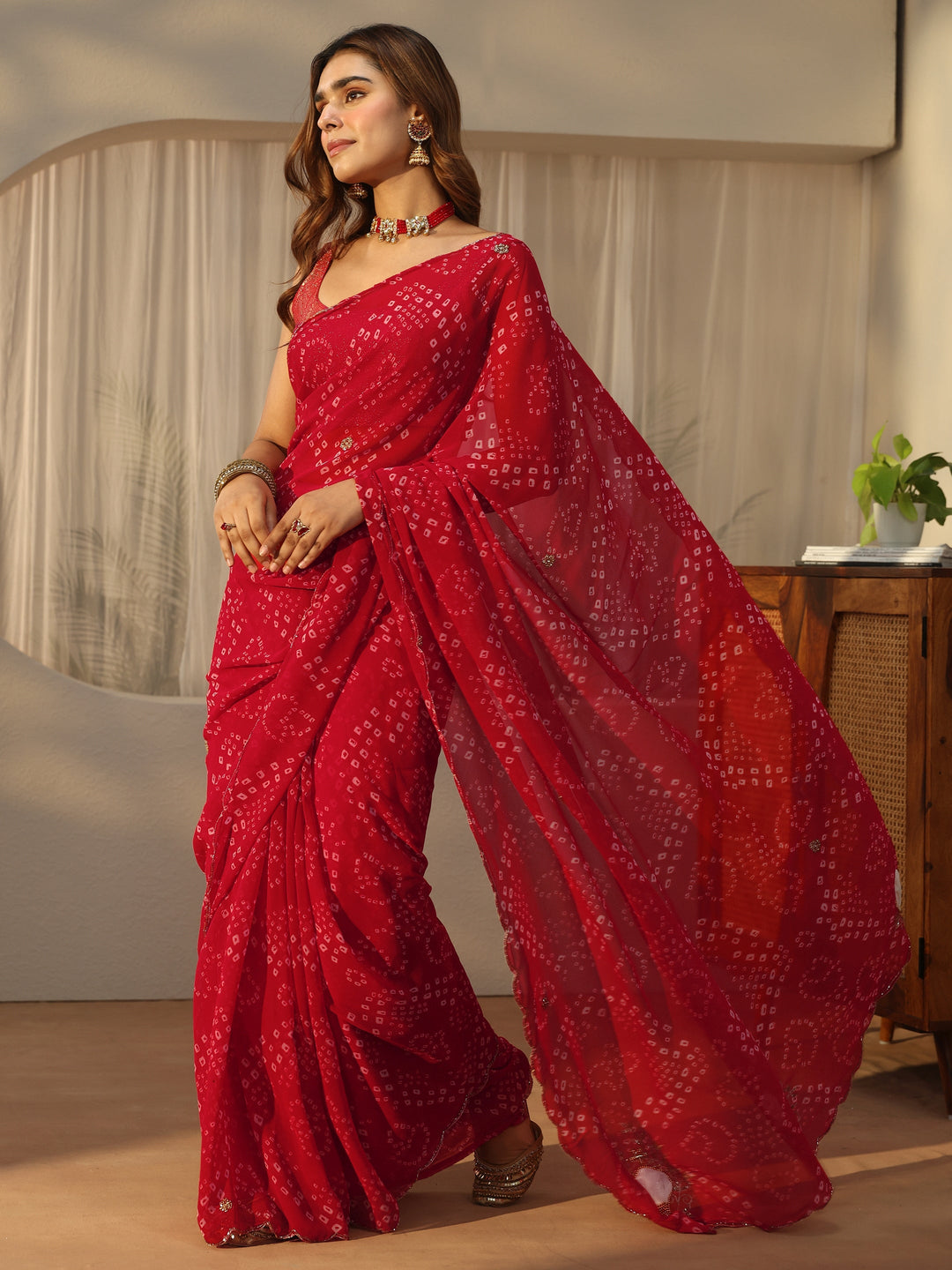  Libas Red Bandhani Printed Chiffon Saree with Applique Design 