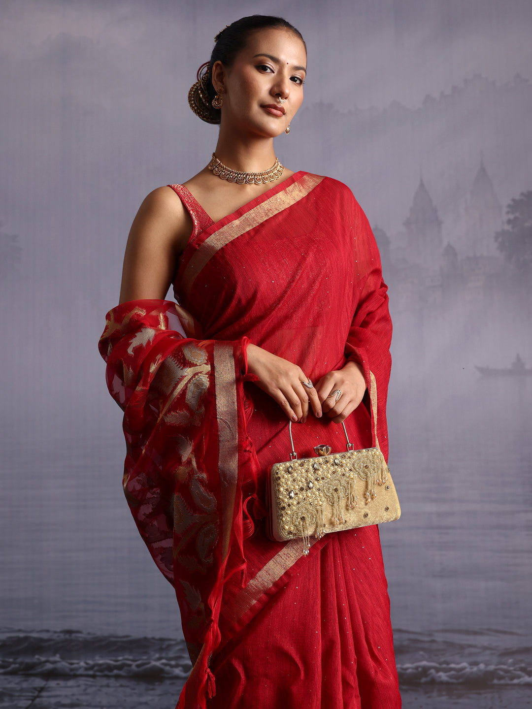  Libas Red Cotton Blend Saree with Golden Floral Woven Design Pallu 
