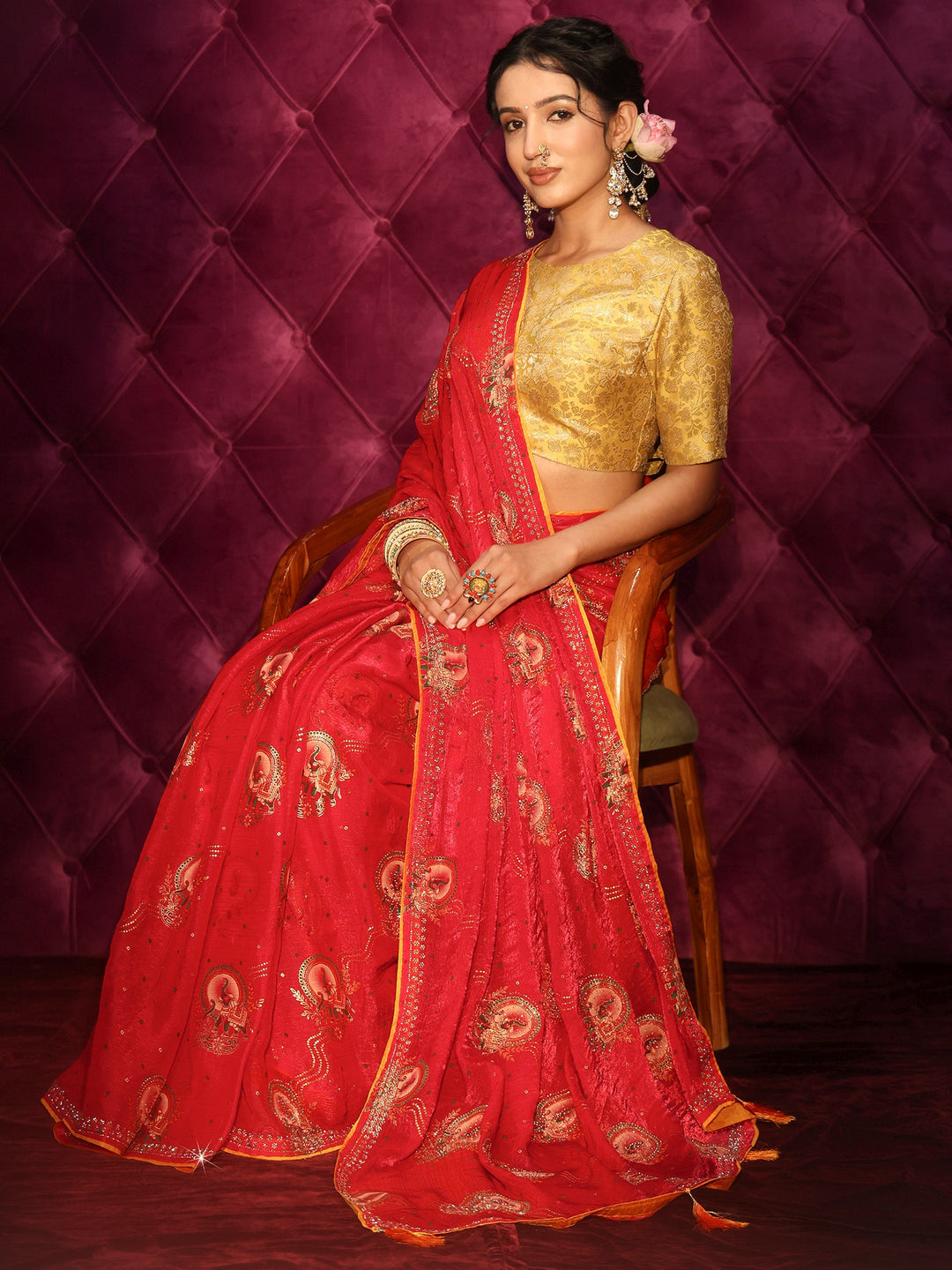 Libas Red Elephant Motif Printed Tissue Saree with Stone Work
