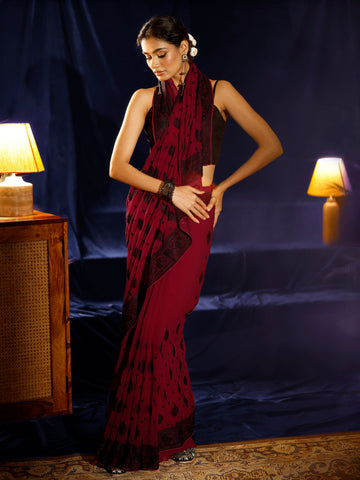Libas Red Embroidered Georgette Saree