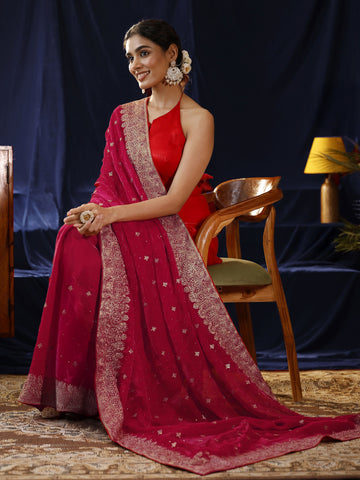 Libas Red Embroidered Tissue Saree