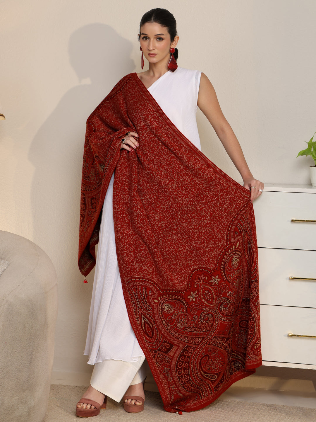  Libas Red Ethnic Knitted Acrylic Wrap Shawl 
