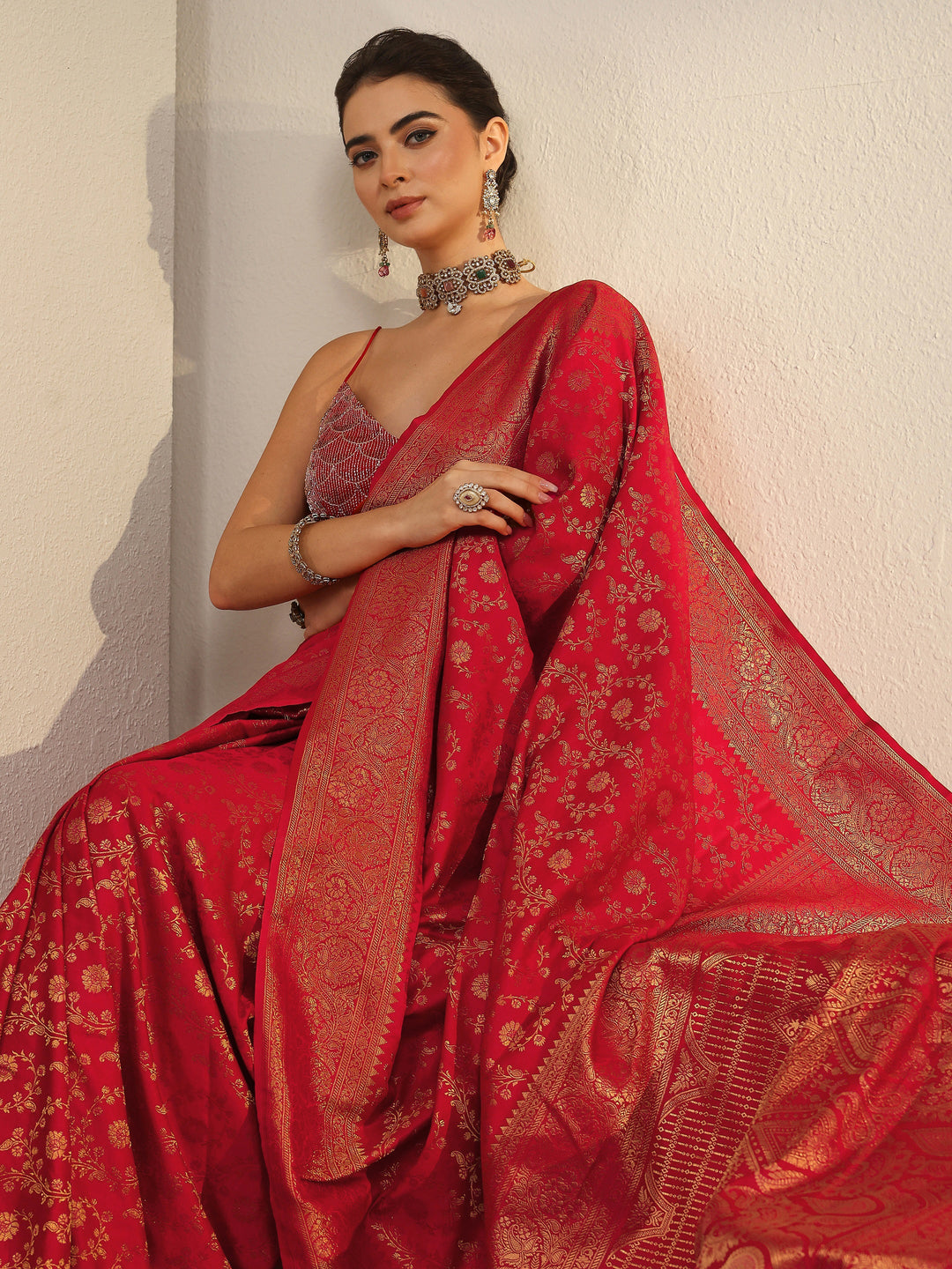 Libas Red Floral Banarasi Silk Blend Saree