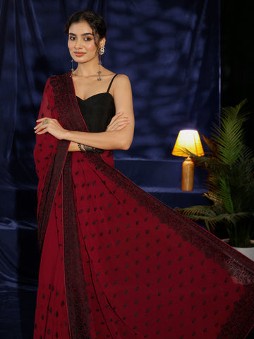 Libas Red Floral Embroidered Georgette Saree