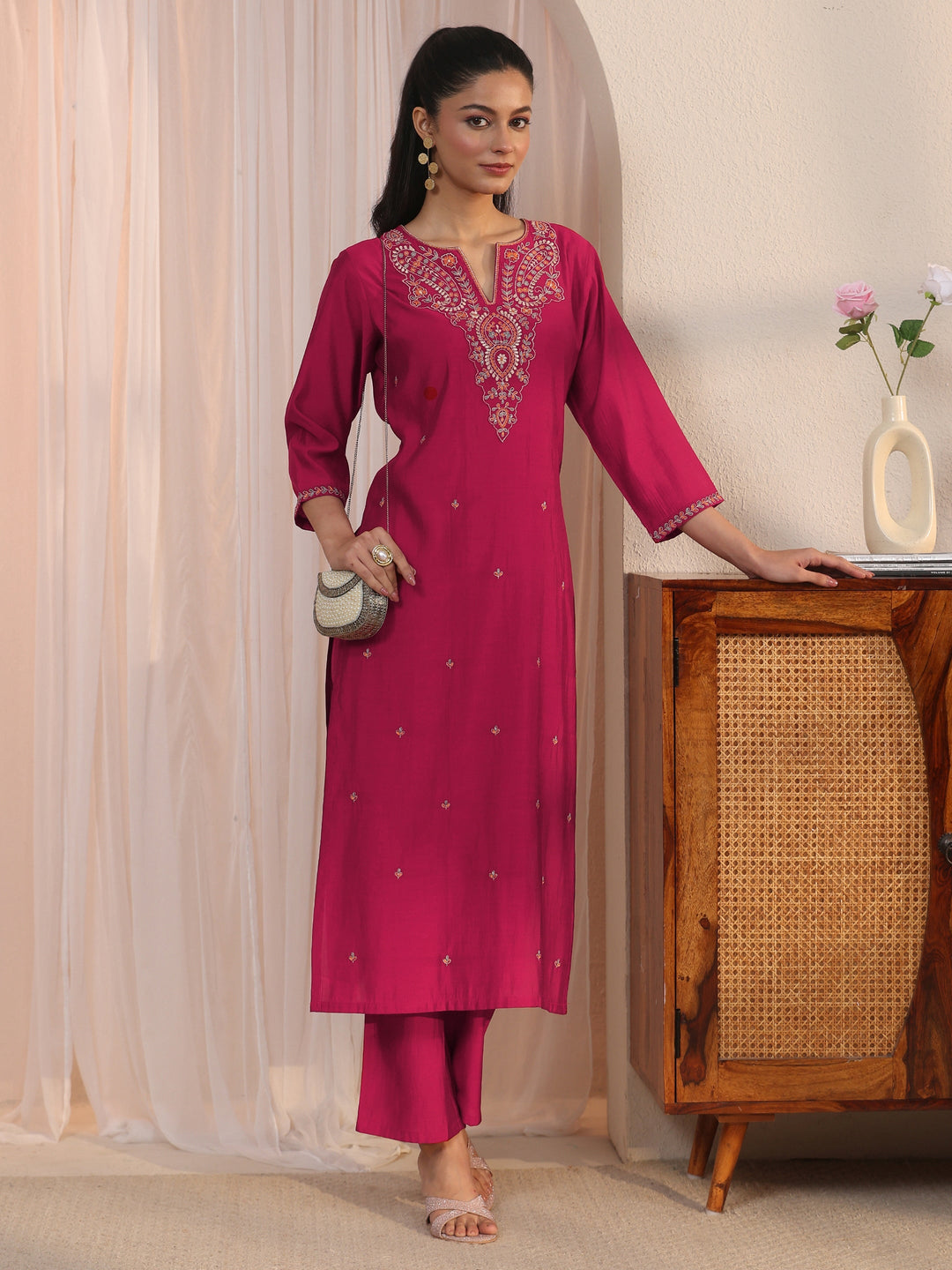  Libas Red Floral Embroidered Silk Blend Straight Kurta Set 