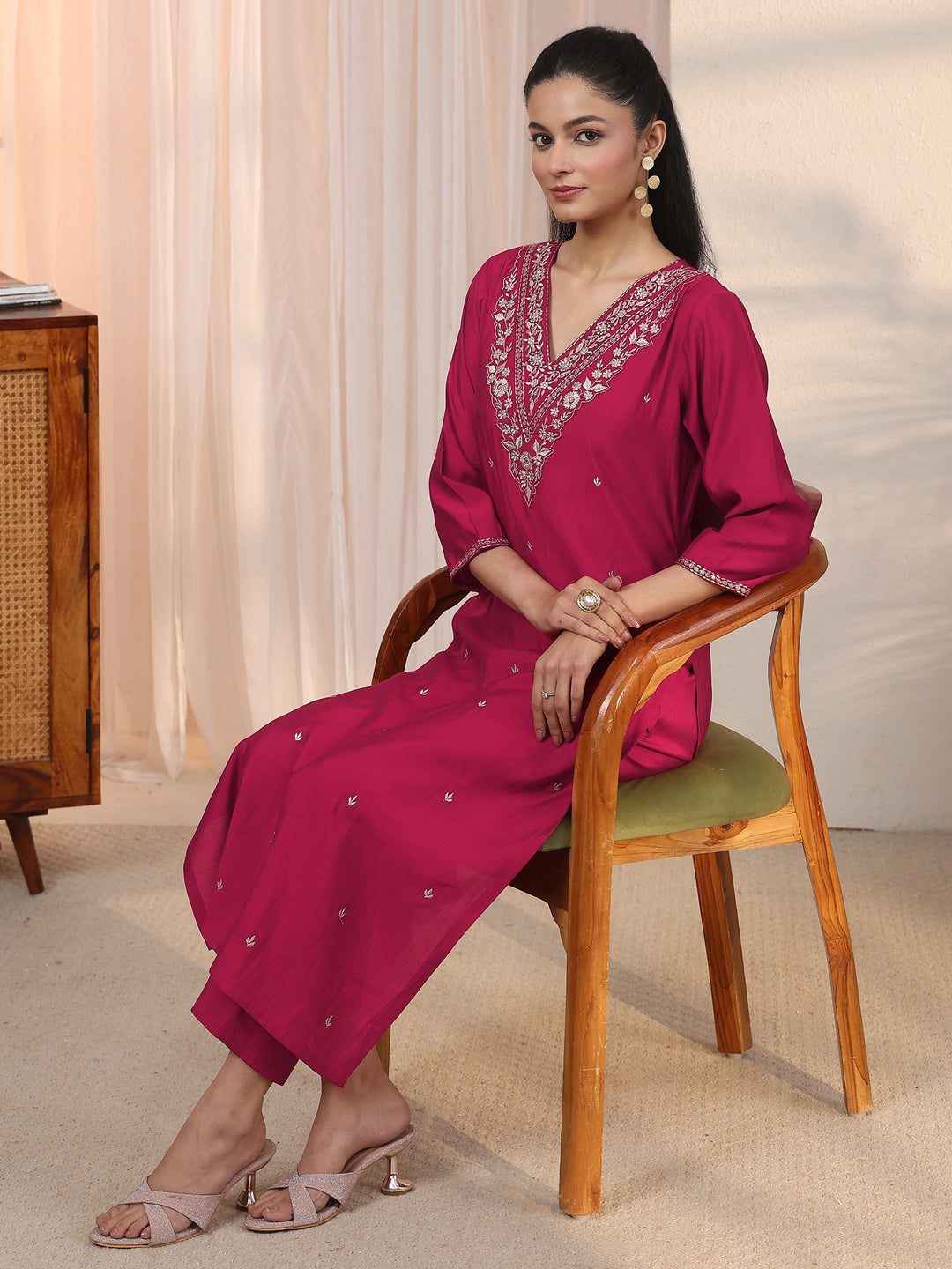  Libas Red Floral Embroidered Silk Blend Straight Kurta Set 