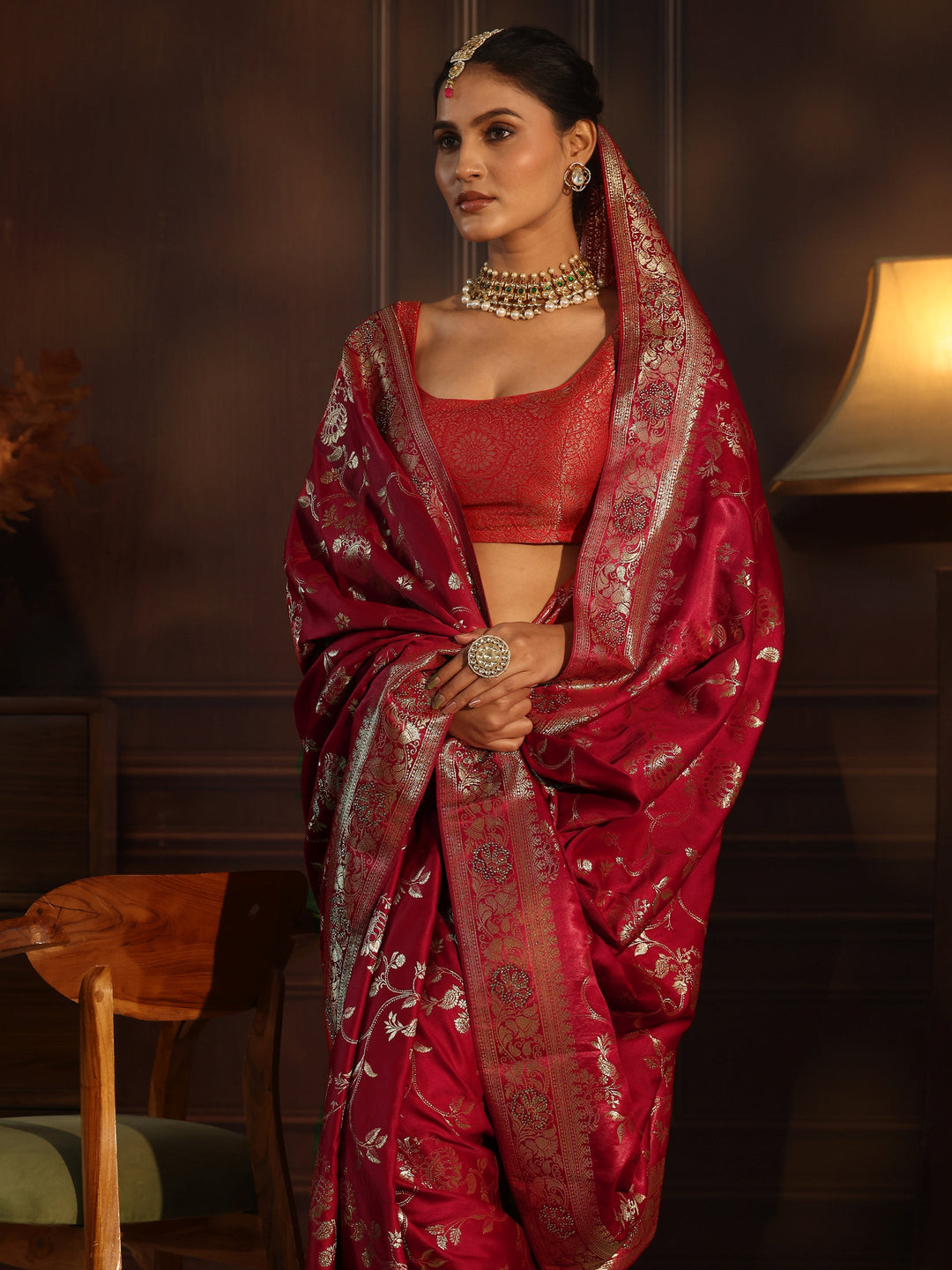 Libas Red Floral Woven Design Satin Saree with Embellished Pallu