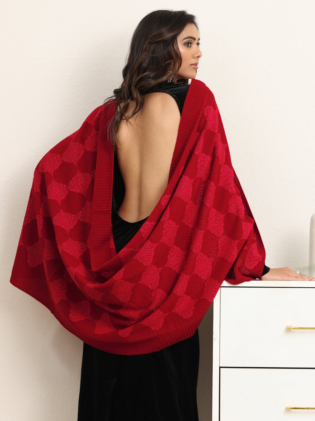  Libas Red Geometric Knitted Acrylic Wrap Shawl 
