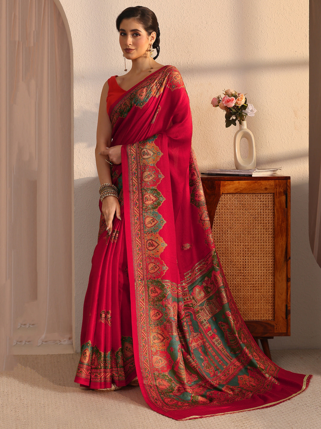  Libas Red Mughal Printed Silk Saree 