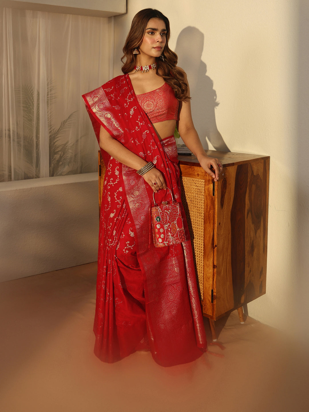  Libas Red Paisley Banarasi Silk Blend Saree 