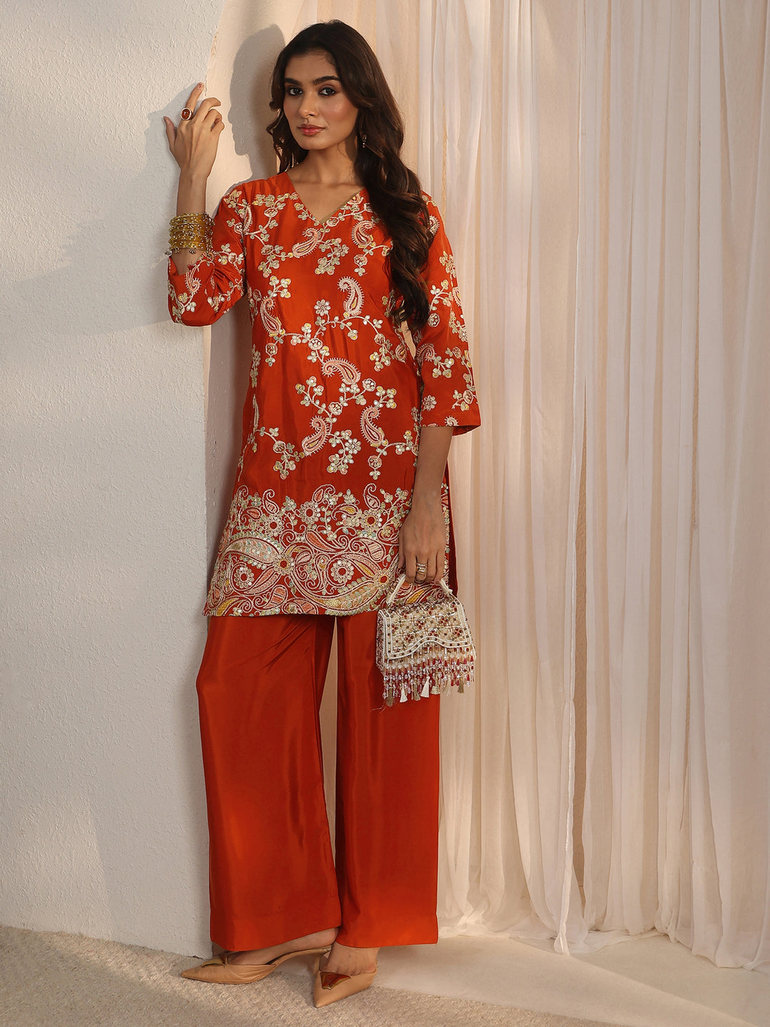  Libas Red Paisley Embroidered Silk Blend Co-Ord Set 
