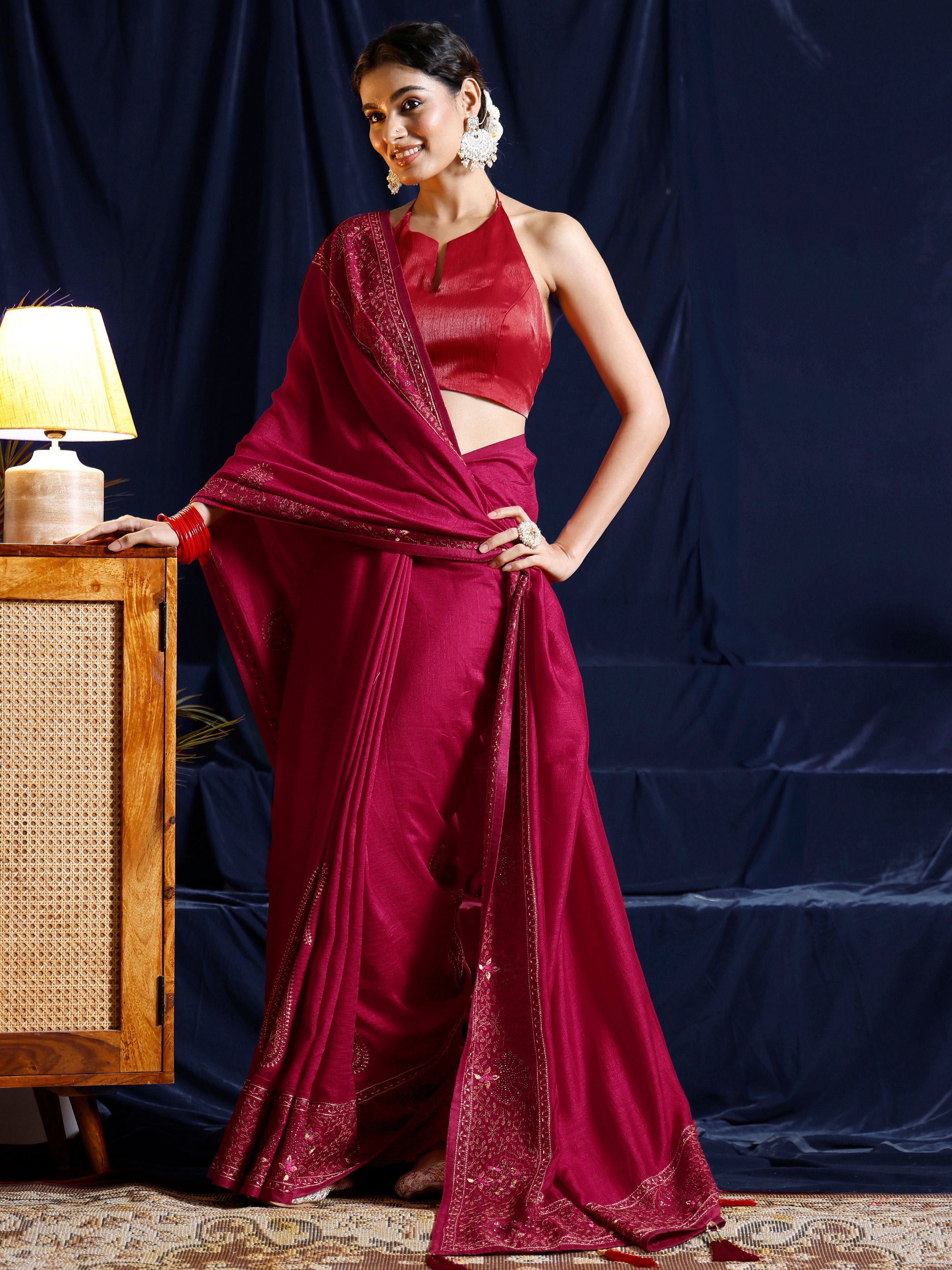 Libas Red Paisley Embroidered Silk blend Saree-picture-54