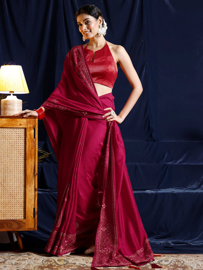 Libas Red Paisley Embroidered Silk blend Saree