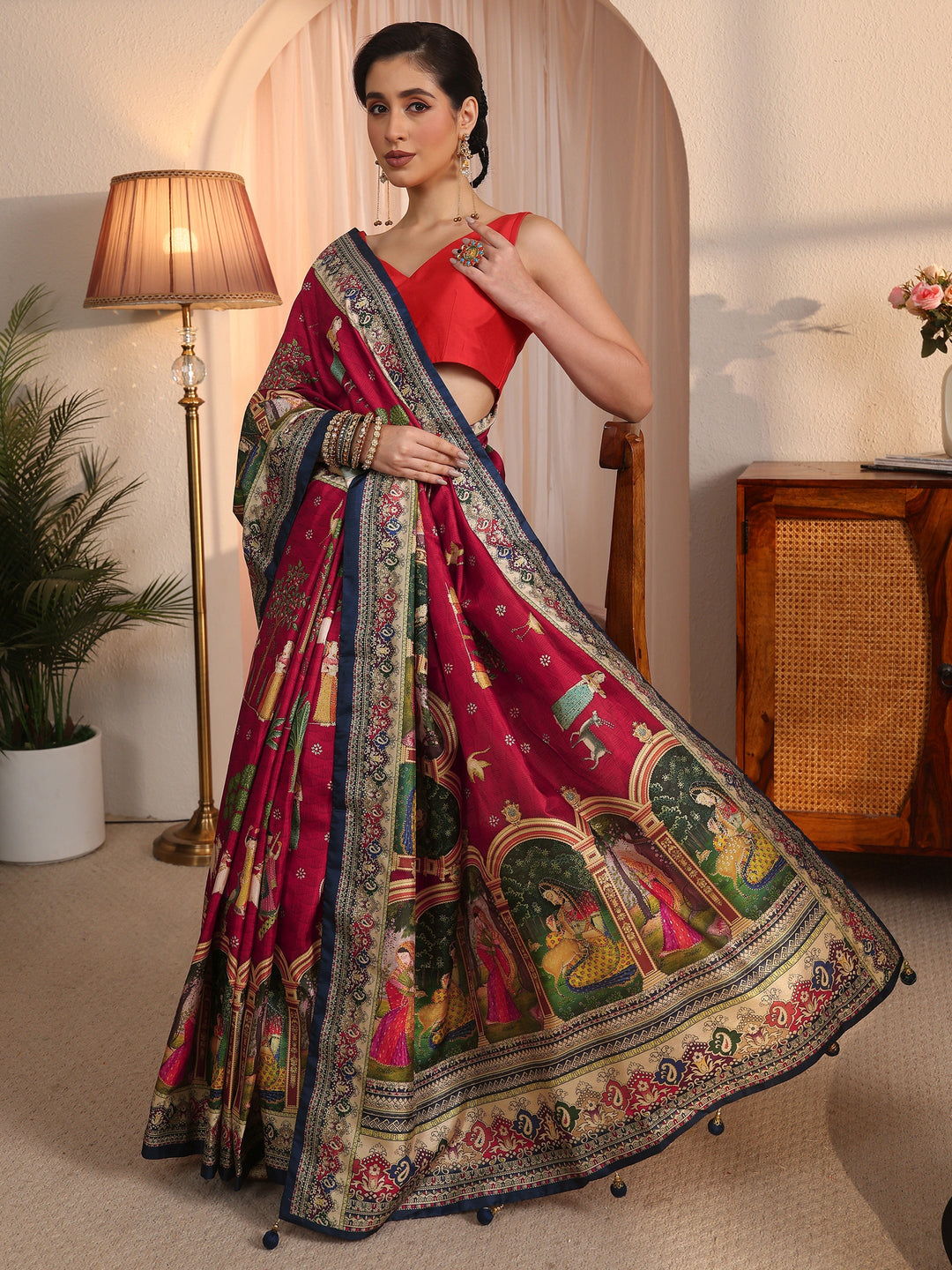  Libas Red Pichwai Printed Silk Blend Saree 