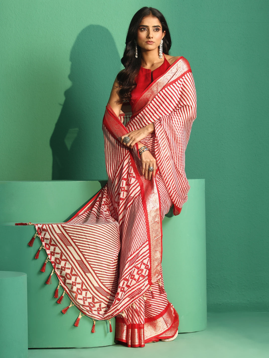  Libas Red Striped Chiffon Saree 